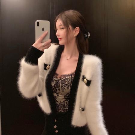 FA45415# 水貂绒外衣女秋冬新款小香风名媛短款貂毛衣针织开衫洋气外套 服裝批發女裝批發服飾貨源