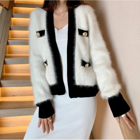 FA45415# 水貂绒外衣女秋冬新款小香风名媛短款貂毛衣针织开衫洋气外套 服裝批發女裝批發服飾貨源