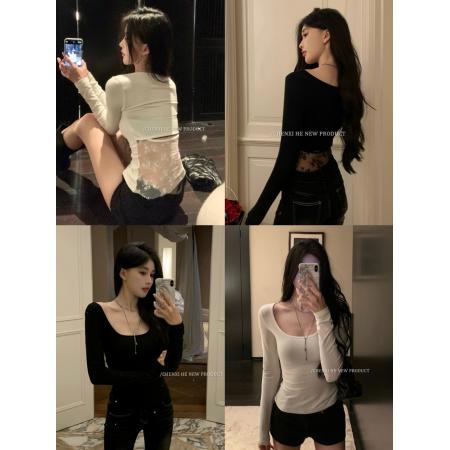 FA45418# 蕾丝打底设计感长袖上衣秋季纯欲后背镂空性感内搭T恤带胸垫 服裝批發女裝批發服飾貨源