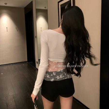 FA45418# 蕾丝打底设计感长袖上衣秋季纯欲后背镂空性感内搭T恤带胸垫 服裝批發女裝批發服飾貨源