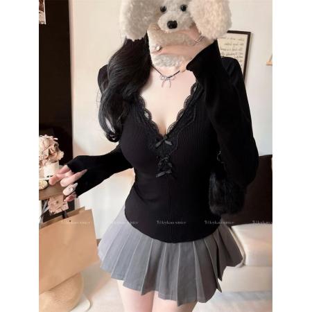 FA45419# 初秋新款深V领蕾丝花边蝴蝶结长袖修身女固定带胸垫百搭上衣 服裝批發女裝批發服飾貨源