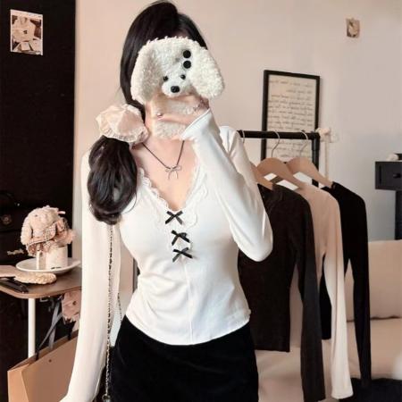 FA45419# 初秋新款深V领蕾丝花边蝴蝶结长袖修身女固定带胸垫百搭上衣 服裝批發女裝批發服飾貨源