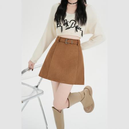 FA45420# 美拉德棕色鹿皮绒半身裙女秋冬季小个子包臀高腰a字咖色短裙 服裝批發女裝批發服飾貨源