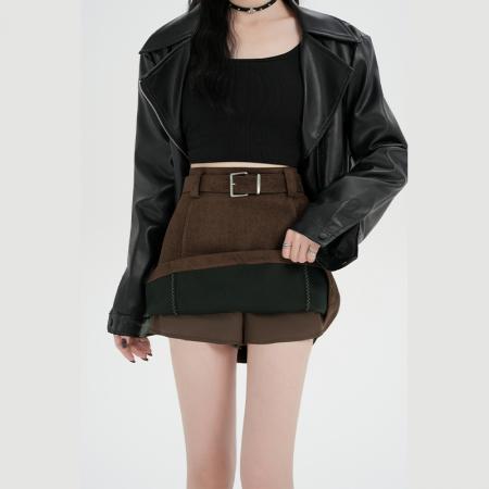 FA45420# 美拉德棕色鹿皮绒半身裙女秋冬季小个子包臀高腰a字咖色短裙 服裝批發女裝批發服飾貨源