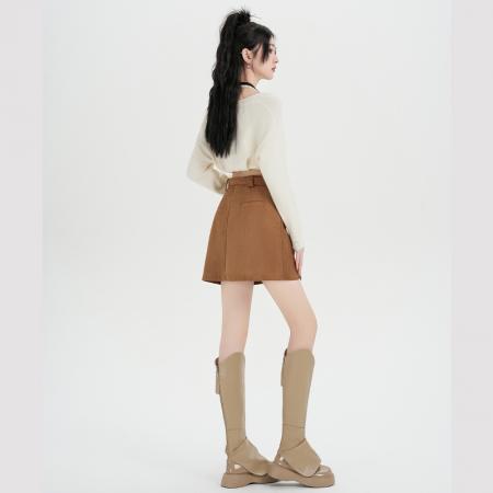 FA45420# 美拉德棕色鹿皮绒半身裙女秋冬季小个子包臀高腰a字咖色短裙 服裝批發女裝批發服飾貨源
