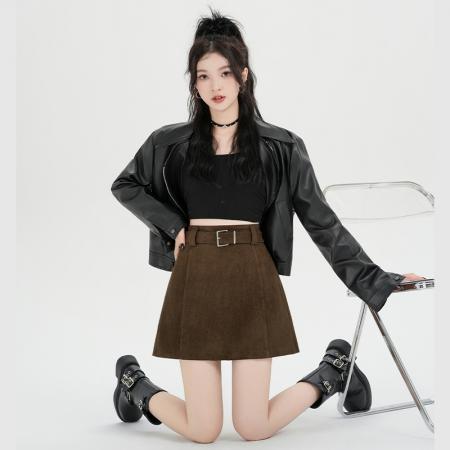 FA45420# 美拉德棕色鹿皮绒半身裙女秋冬季小个子包臀高腰a字咖色短裙 服裝批發女裝批發服飾貨源