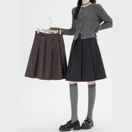 FA45421# 经典复古格纹百褶半身裙女秋冬季新款高腰显瘦百搭a字裙 服裝批發女裝批發服飾貨源