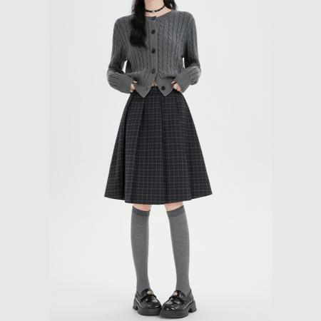 FA45421# 经典复古格纹百褶半身裙女秋冬季新款高腰显瘦百搭a字裙 服裝批發女裝批發服飾貨源