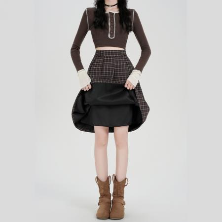 FA45421# 经典复古格纹百褶半身裙女秋冬季新款高腰显瘦百搭a字裙 服裝批發女裝批發服飾貨源