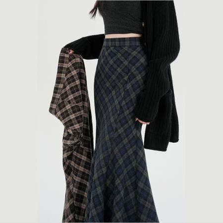 FA45422# 秋冬新款毛呢格子磨毛半身裙女秋冬新款加厚A字鱼尾裙子 服裝批發女裝批發服飾貨源