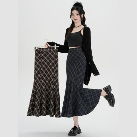 FA45422# 秋冬新款毛呢格子磨毛半身裙女秋冬新款加厚A字鱼尾裙子 服裝批發女裝批發服飾貨源