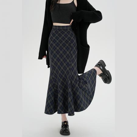 FA45422# 秋冬新款毛呢格子磨毛半身裙女秋冬新款加厚A字鱼尾裙子 服裝批發女裝批發服飾貨源