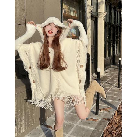 FA45424# 森系披肩流苏连帽斗篷毛衣针织衫 服裝批發女裝批發服飾貨源