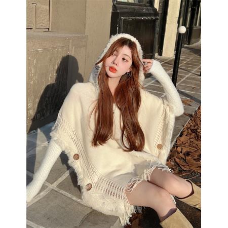 FA45424# 森系披肩流苏连帽斗篷毛衣针织衫 服裝批發女裝批發服飾貨源