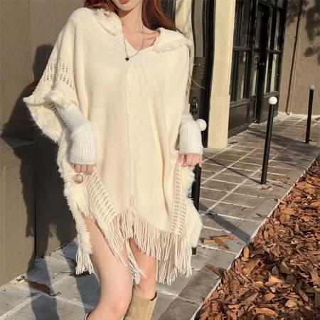 FA45424# 森系披肩流苏连帽斗篷毛衣针织衫 服裝批發女裝批發服飾貨源