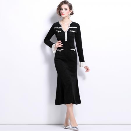 FA45425# 重磅银丝贝贝格圈圈肌理小香风连衣裙新款茶歇风鱼尾裙子 服裝批發女裝批發服飾貨源