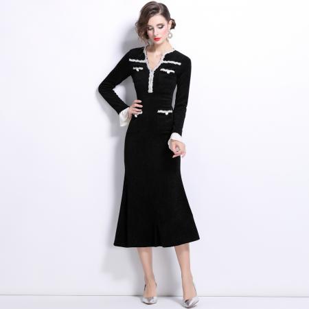 FA45425# 重磅银丝贝贝格圈圈肌理小香风连衣裙新款茶歇风鱼尾裙子 服裝批發女裝批發服飾貨源