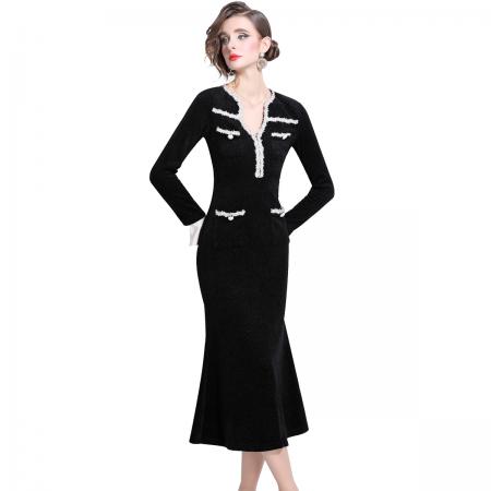 FA45425# 重磅银丝贝贝格圈圈肌理小香风连衣裙新款茶歇风鱼尾裙子 服裝批發女裝批發服飾貨源