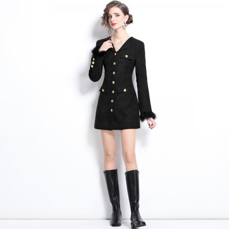 FA45426# 黑色小香风西装连衣裙女短裙高级感绒毛袖口 服裝批發女裝批發服飾貨源