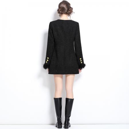 FA45426# 黑色小香风西装连衣裙女短裙高级感绒毛袖口 服裝批發女裝批發服飾貨源