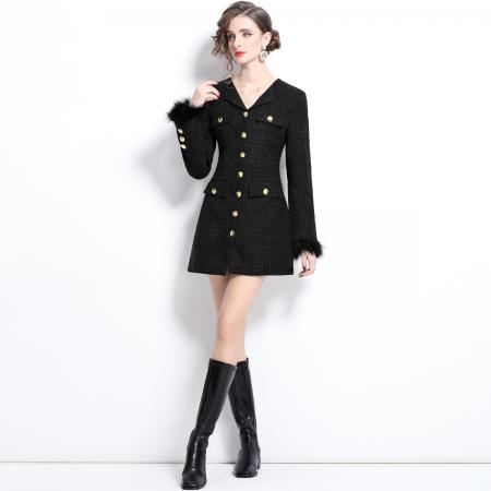 FA45426# 黑色小香风西装连衣裙女短裙高级感绒毛袖口 服裝批發女裝批發服飾貨源