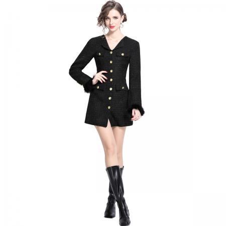 FA45426# 黑色小香风西装连衣裙女短裙高级感绒毛袖口 服裝批發女裝批發服飾貨源