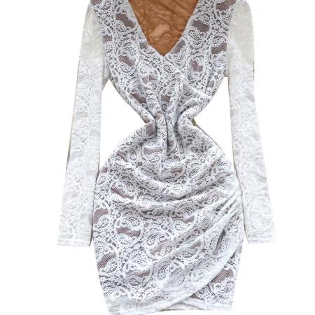 FA45427# 纯欲高级感V领长袖蕾丝连衣裙女秋季褶皱修身显瘦辣妹打底裙 服裝批發女裝批發服飾貨源