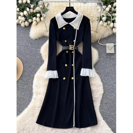 FA45431# 高级感小香风时髦撞色翻领长袖金属双排扣收腰显瘦气质针织连衣裙 服裝批發女裝批發服飾貨源