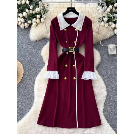 FA45431# 高级感小香风时髦撞色翻领长袖金属双排扣收腰显瘦气质针织连衣裙 服裝批發女裝批發服飾貨源