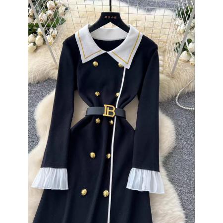 FA45431# 高级感小香风时髦撞色翻领长袖金属双排扣收腰显瘦气质针织连衣裙 服裝批發女裝批發服飾貨源