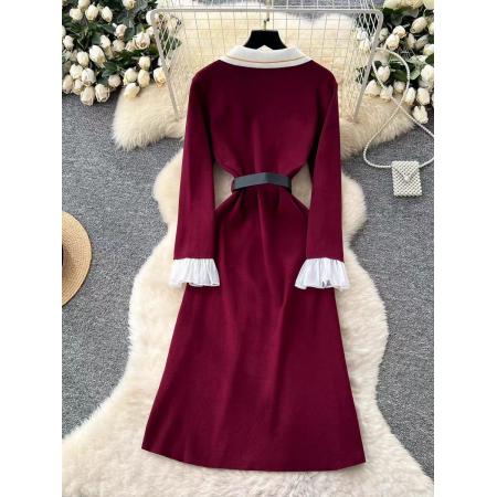 FA45431# 高级感小香风时髦撞色翻领长袖金属双排扣收腰显瘦气质针织连衣裙 服裝批發女裝批發服飾貨源