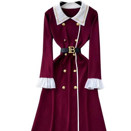 FA45431# 高级感小香风时髦撞色翻领长袖金属双排扣收腰显瘦气质针织连衣裙 服裝批發女裝批發服飾貨源