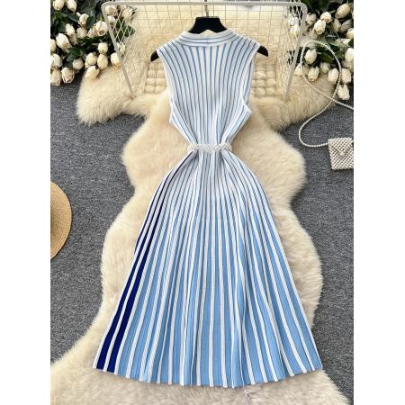FA45433# 欧美高级感无袖针织条纹连衣裙女夏季斜领腰带轻熟御姐气质长裙子 服裝批發女裝批發服飾貨源