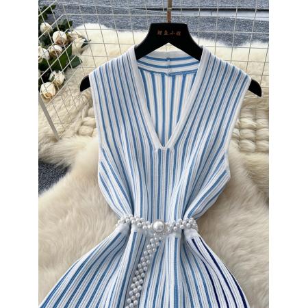 FA45433# 欧美高级感无袖针织条纹连衣裙女夏季斜领腰带轻熟御姐气质长裙子 服裝批發女裝批發服飾貨源