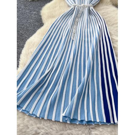 FA45433# 欧美高级感无袖针织条纹连衣裙女夏季斜领腰带轻熟御姐气质长裙子 服裝批發女裝批發服飾貨源