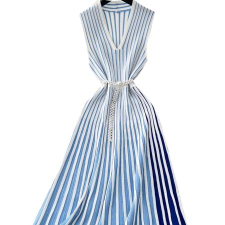 FA45433# 欧美高级感无袖针织条纹连衣裙女夏季斜领腰带轻熟御姐气质长裙子 服裝批發女裝批發服飾貨源