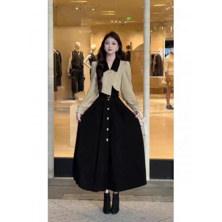 FA45436# 法式气质假两件连衣裙女秋季新款高级感独特别致显瘦收腰长裙 服裝批發女裝批發服飾貨源