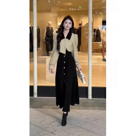 FA45436# 法式气质假两件连衣裙女秋季新款高级感独特别致显瘦收腰长裙 服裝批發女裝批發服飾貨源