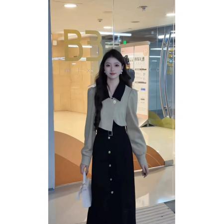 FA45436# 法式气质假两件连衣裙女秋季新款高级感独特别致显瘦收腰长裙 服裝批發女裝批發服飾貨源