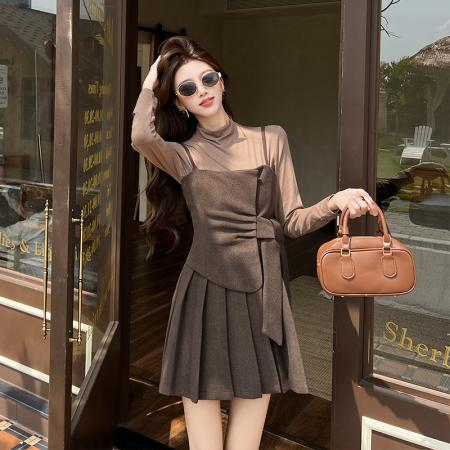 FA45437# 轻熟风优雅气质叠穿两件套女半高领打底T恤吊带百褶短裙 服裝批發女裝批發服飾貨源