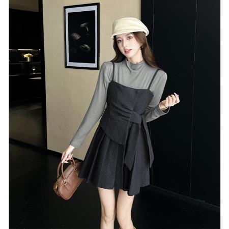 FA45437# 轻熟风优雅气质叠穿两件套女半高领打底T恤吊带百褶短裙 服裝批發女裝批發服飾貨源