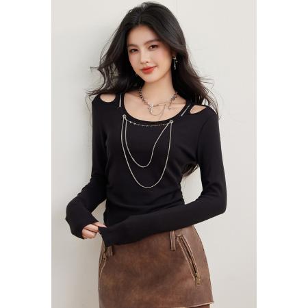 FA45541# 可拆卸金属链条装饰镂空抽褶设计收腰长袖T恤 服裝批發女裝批發服飾貨源