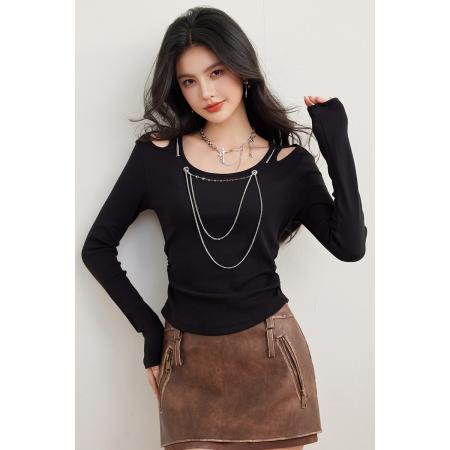 FA45541# 可拆卸金属链条装饰镂空抽褶设计收腰长袖T恤 服裝批發女裝批發服飾貨源