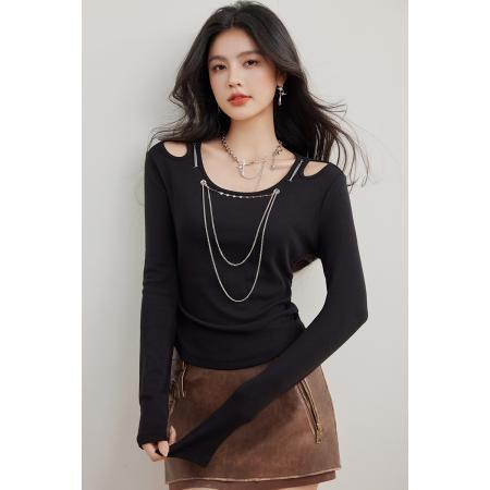 FA45541# 可拆卸金属链条装饰镂空抽褶设计收腰长袖T恤 服裝批發女裝批發服飾貨源