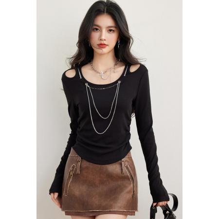 FA45541# 可拆卸金属链条装饰镂空抽褶设计收腰长袖T恤 服裝批發女裝批發服飾貨源