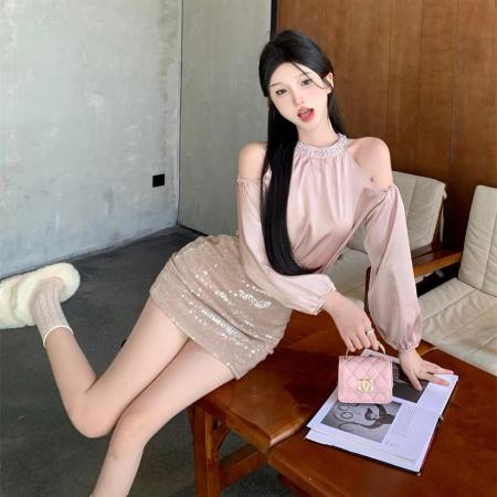 FA45549# 御姐气质女神范套装挂脖洋气上衣+高腰亮片包臀高级感小洋装 服裝批發女裝批發服飾貨源