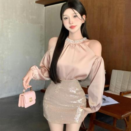 FA45549# 御姐气质女神范套装挂脖洋气上衣+高腰亮片包臀高级感小洋装 服裝批發女裝批發服飾貨源