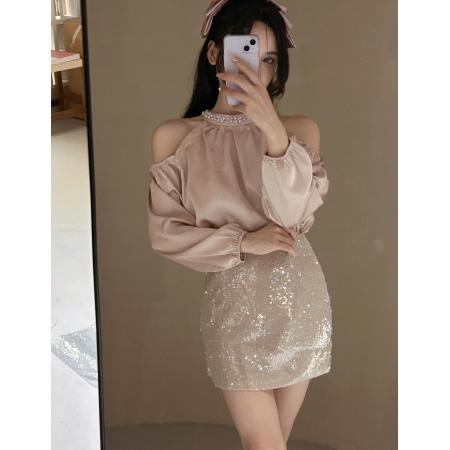 FA45549# 御姐气质女神范套装挂脖洋气上衣+高腰亮片包臀高级感小洋装 服裝批發女裝批發服飾貨源
