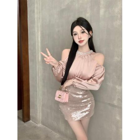 FA45549# 御姐气质女神范套装挂脖洋气上衣+高腰亮片包臀高级感小洋装 服裝批發女裝批發服飾貨源