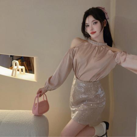 FA45549# 御姐气质女神范套装挂脖洋气上衣+高腰亮片包臀高级感小洋装 服裝批發女裝批發服飾貨源